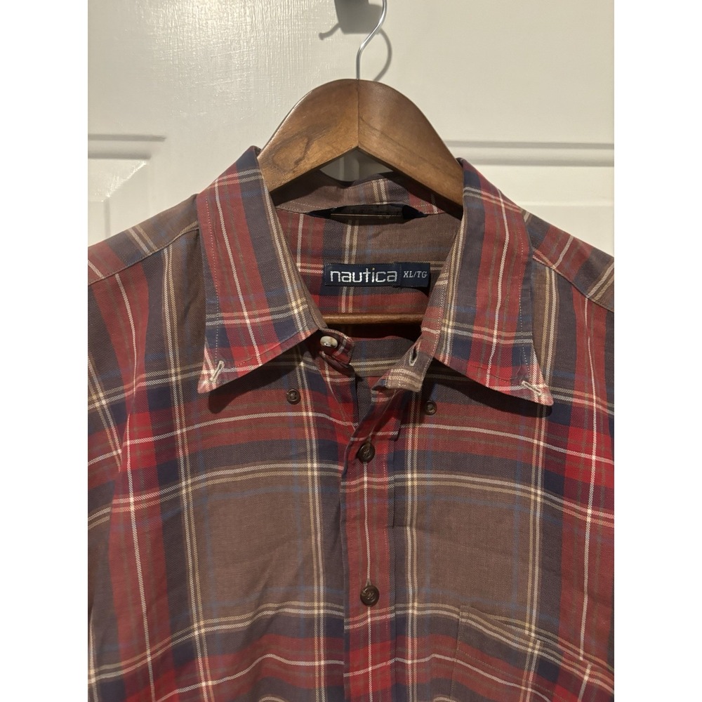 Nautica Brown Red Plaid Long Sleeve Men's XL Shirt Button Up Casual